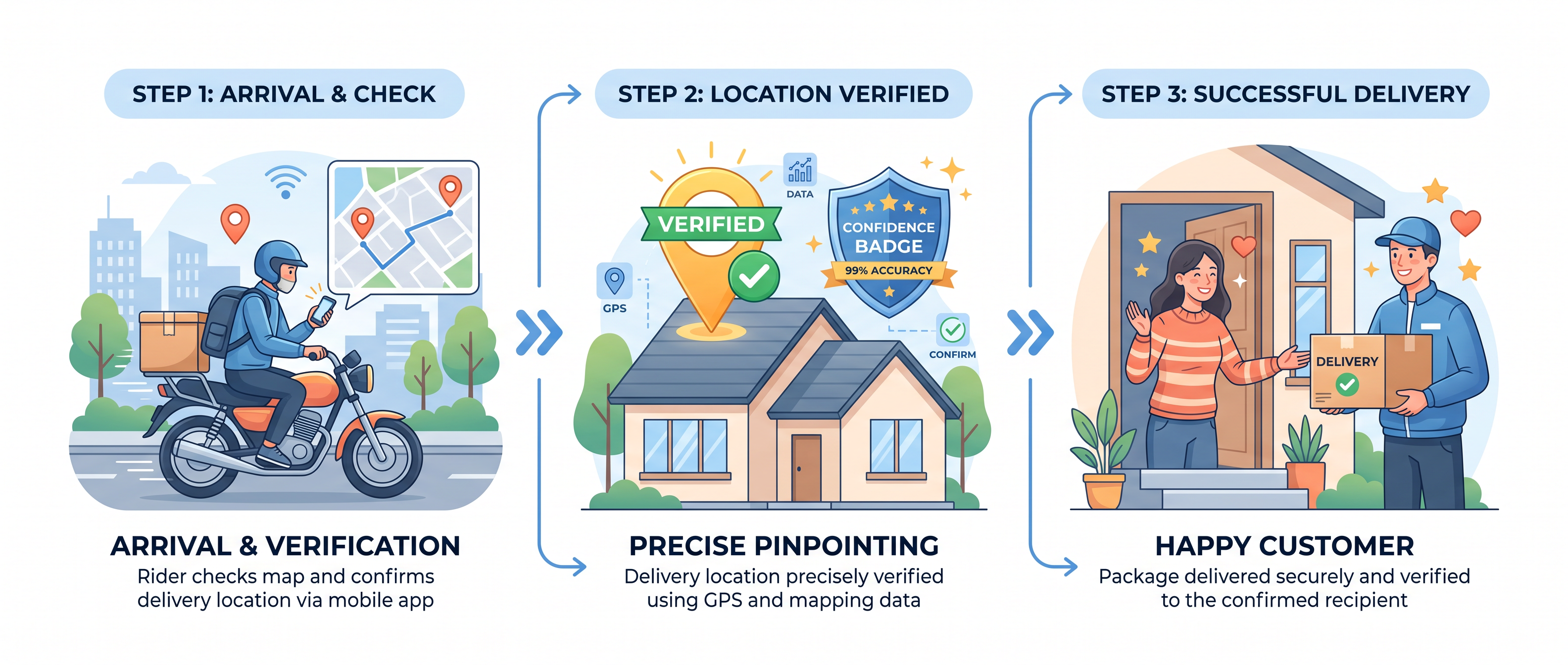 Three-step infographic: 1) Rider arrives and verifies the location in the app, 2) Nishan records the precise pin with a confidence badge, 3) The customer receives the package at the verified door